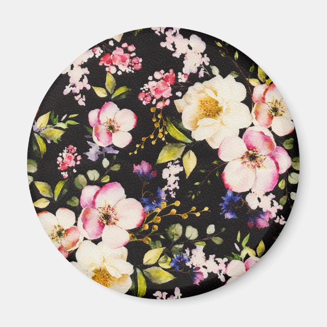 Aimant Aquarelle rose Roses Jaunes Arrière - plan noir (Devant)