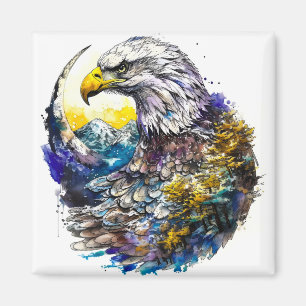 Aimant Aquarelle sauvage Forêt Lune Aigle