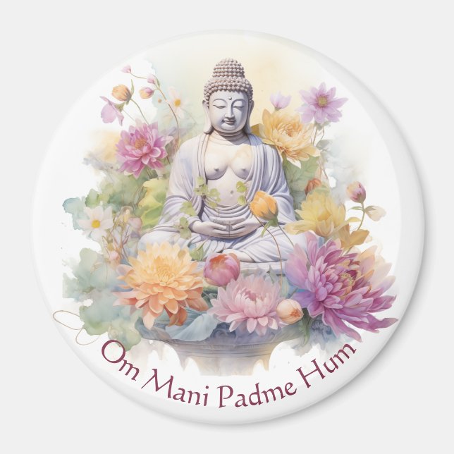 Aimant Aquarelle Serene Bouddha rose Fleurs Jaunes Art (Devant)
