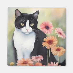 Aimant Aquarelle Tuxedo Chat Avec Gerbera Fleurs Faisées