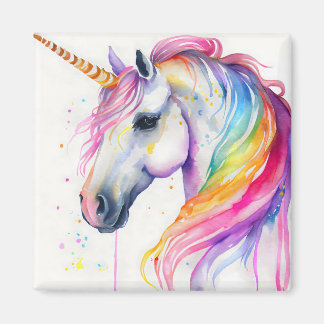 Aimant Aquarelle Unicorne avec Mane Rianbow