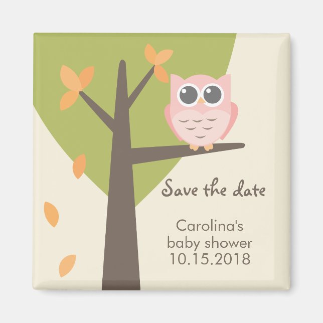 Aimant Arbre d'automne Baby shower Chouette rose Enregist (Devant)