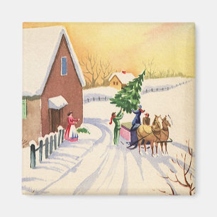 Aimant Arbre de Noël vintage sur une route enneigée d'hiv