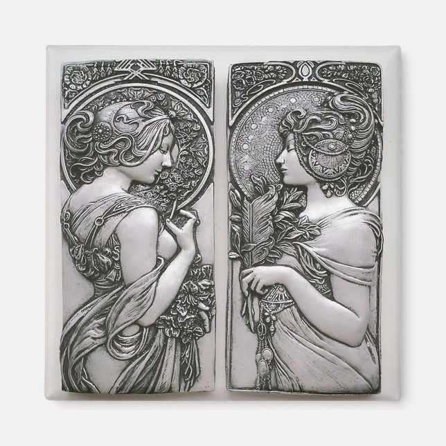 Aimant Argent, Art nouveau, design, jumeaux femmes, Mucha (Devant)