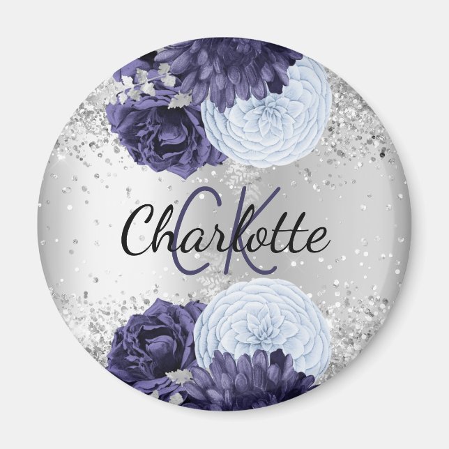 Aimant Argent bleu marine florales élégant nom monogramme (Devant)