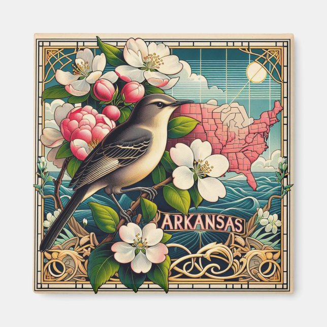 Aimant Arkansas State Bird and Flower Art Déco Design (Devant)