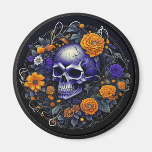 Aimant Art AI de crâne personnalisé et de fleurs orange