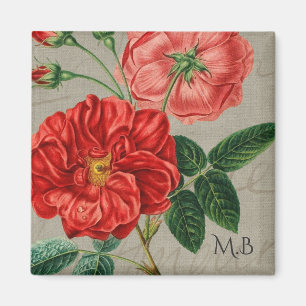 Aimant Art de rose rouge antique sur monogramme gris