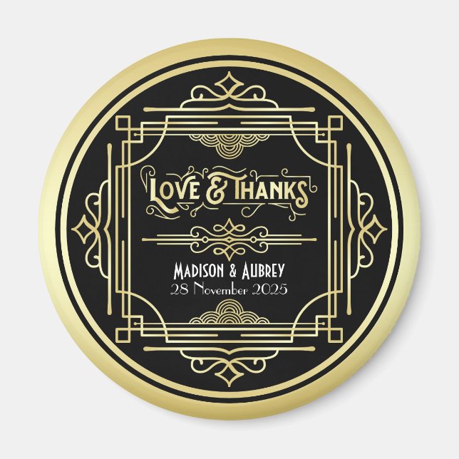 Aimant Art Déco Mariage Amour & Merci Gold Black Faveur (Devant)