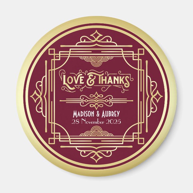 Aimant Art Déco Mariage Amour & Merci Gold Burgundy Favor (Devant)