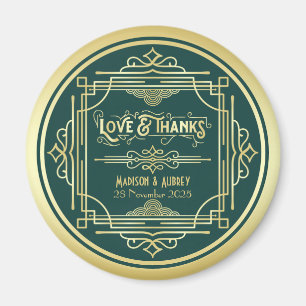 Aimant Art Déco Mariage Amour & Merci Gold Green Favorise
