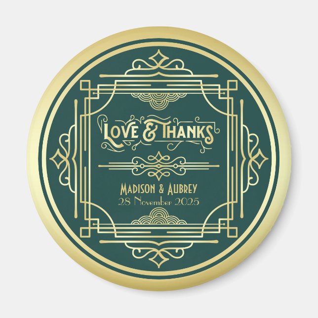 Aimant Art Déco Mariage Amour & Merci Gold Green Favorise (Devant)