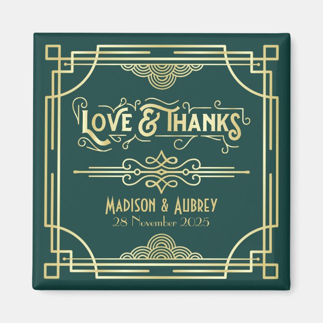 Aimant Art Déco Mariage Amour & Merci Gold Green Favorise (Devant)