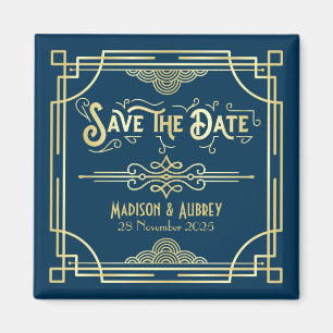 Aimant Art Déco Mariage Elegant Gold Blue Enregistrer la 