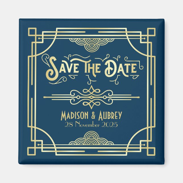 Aimant Art Déco Mariage Elegant Gold Blue Enregistrer la  (Devant)