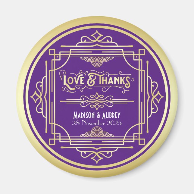 Aimant Art Déco Mariage Love & Thanks Gold Purple Favoris (Devant)