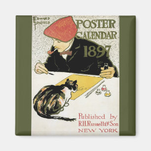 Aimant Art Nouveau vintage, Peinture Artiste avec chat an