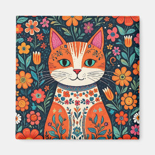 Aimant Art populaire Whimsical Chat et Fleurs