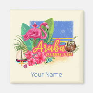 Aimant Aruba Retro Caraïbes île avec Flamant rose Vintage