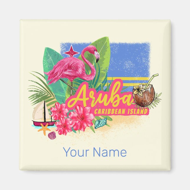 Aimant Aruba Retro Caraïbes île avec Flamant rose Vintage (Devant)