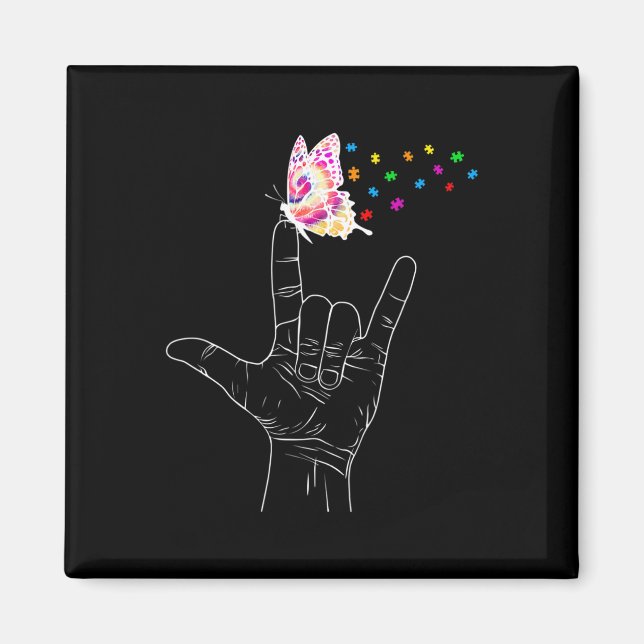 Aimant ASL I Love You Hand Sign Language Butterfly Autism (Devant)