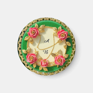 Aimant Assiette décorative à bordure verte avec rose rose