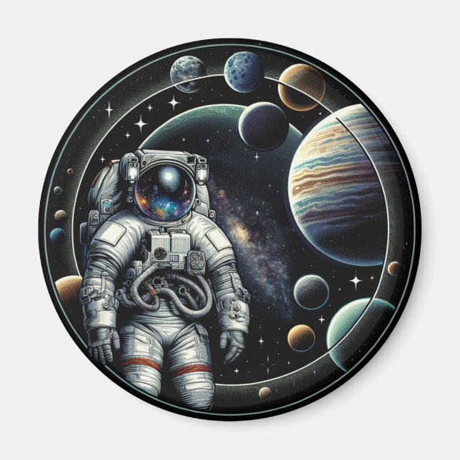 Aimant Astronaute vintage et planètes (Devant)