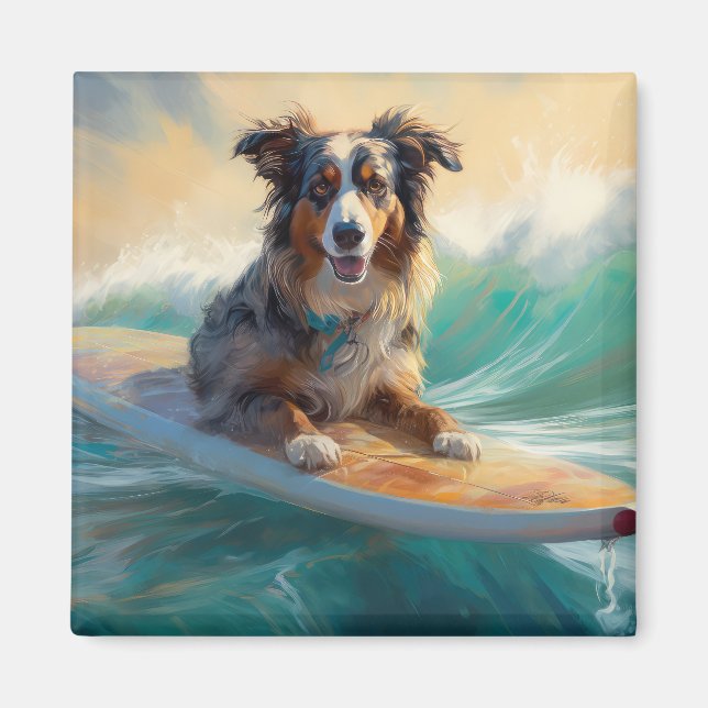 Aimant Australian Shepherd Beach Surfing Peinture (Devant)