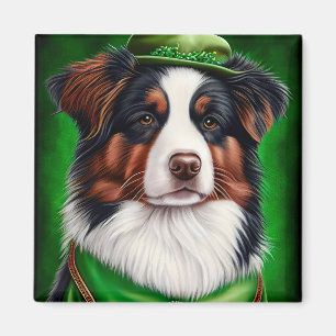 Aimant Australian Shepherd dog en tenue de St. Patrick's 