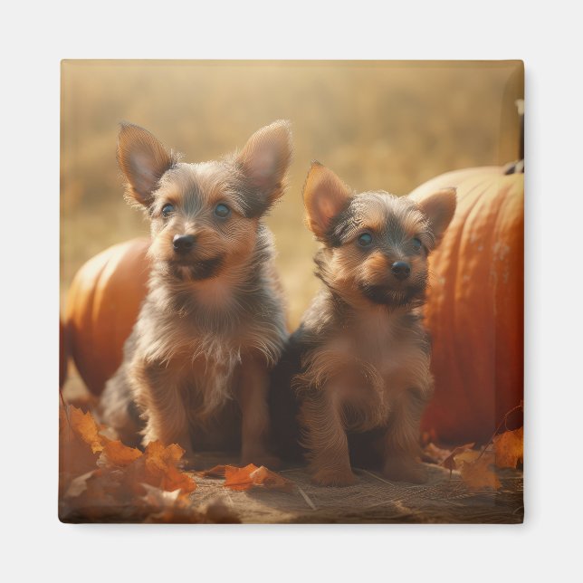 Aimant Australien Terrier Chiot Automne Citrouille de pla (Devant)