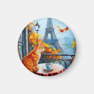 Aimant Automne parisien Chat au gingembre dans un café