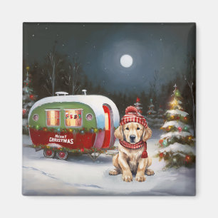 Aimant Aventure de Noël en caravane avec un Golden Retrie