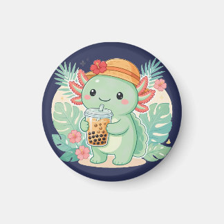 Aimant Axolotl vert kawaii mignon buvant du thé aux perle