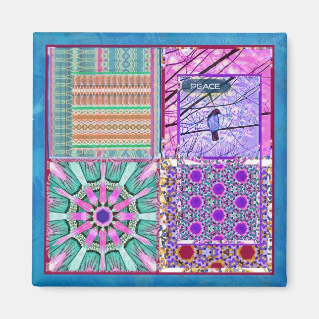 Aimant Azulejos Carreaux géométriques avec Oiseau de Paix (Devant)