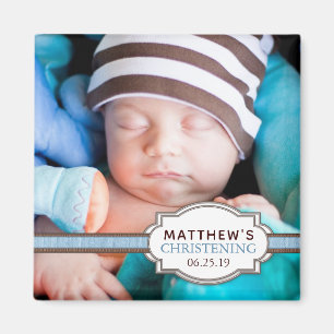 Aimant Baby Boy Blue Ribbon Christening Photo