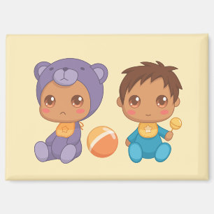 Aimant Baby Boy Twins Purple Bear Jumpsuit sur Yellow Mag