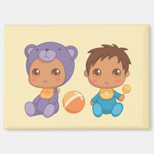 Aimant Baby Boy Twins Purple Bear Jumpsuit sur Yellow Mag (Recto)