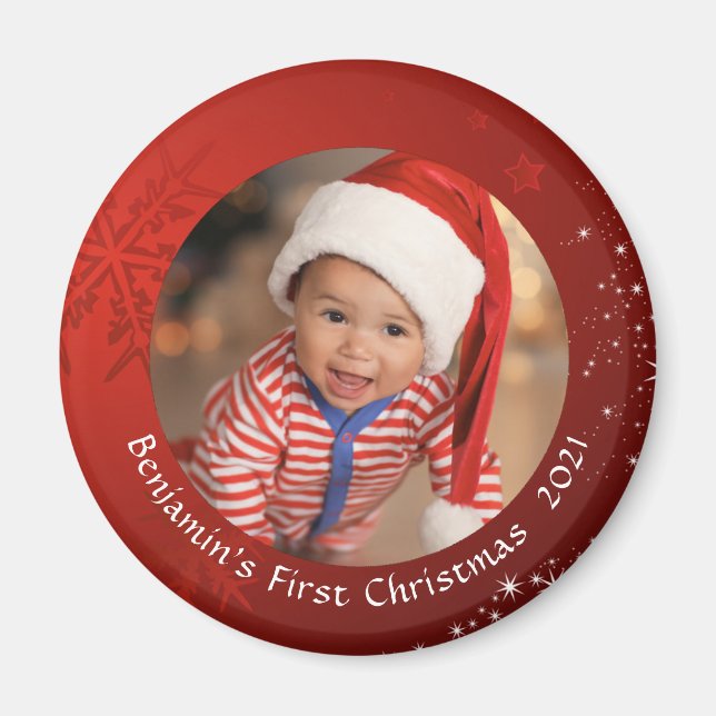 Aimant Baby First Christmas Red Snowflake Photo Keepsaké (Devant)