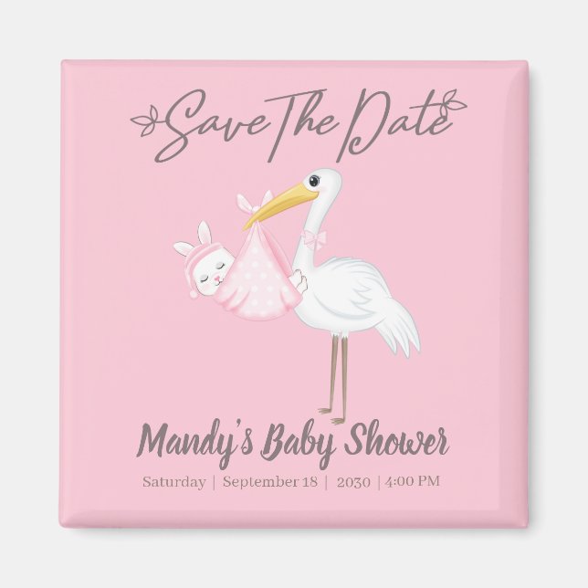 Aimant Baby Girl Stork rose Shower Enregistrer la date (Devant)