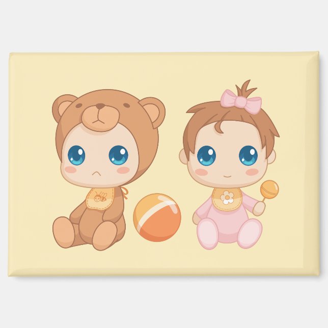 Aimant Baby Girl Twins Bear Jumpsuit on Yellow (Recto)