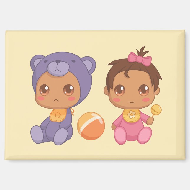 Aimant Baby Girl Twins Purple Bear Jumpsuit sur Mag Jaune (Recto)