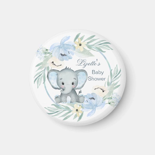 Aimant Baby shower bleu floral Eléphant (Devant)