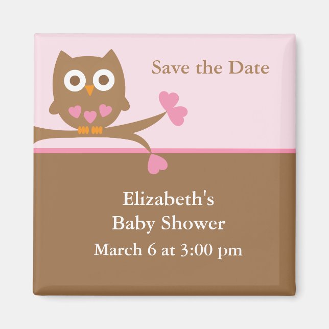 Aimant Baby shower Chouette rose Enregistrer la date (Devant)