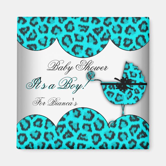 Aimant Baby shower Garçon bébé léopard Pram bleu (Devant)