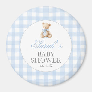 Aimant Baby shower Ours à carreaux bleus