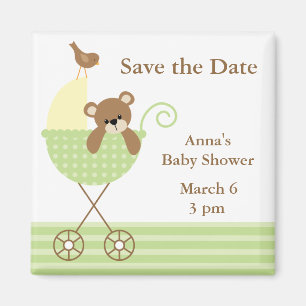 Aimant Baby shower Ours vert Enregistrer la date