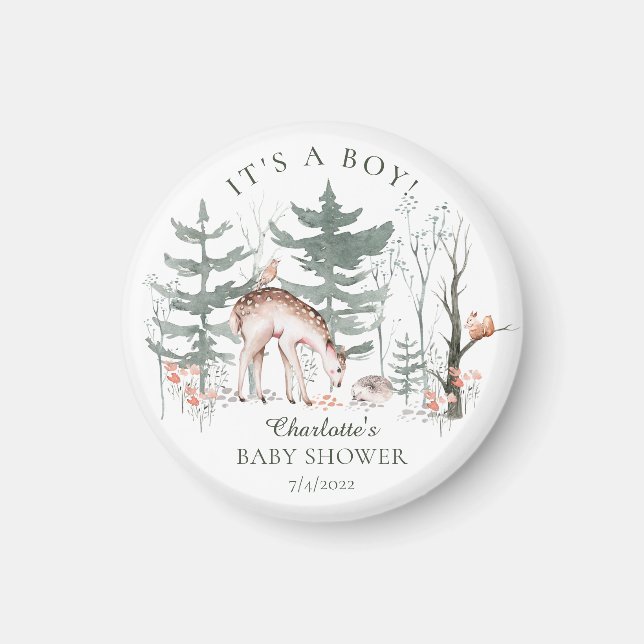 Aimant Baby shower Rustique des animaux forestiers (Devant)