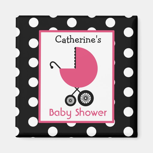 Aimant Baby shower - Transport rose et Pointe Polka (Devant)