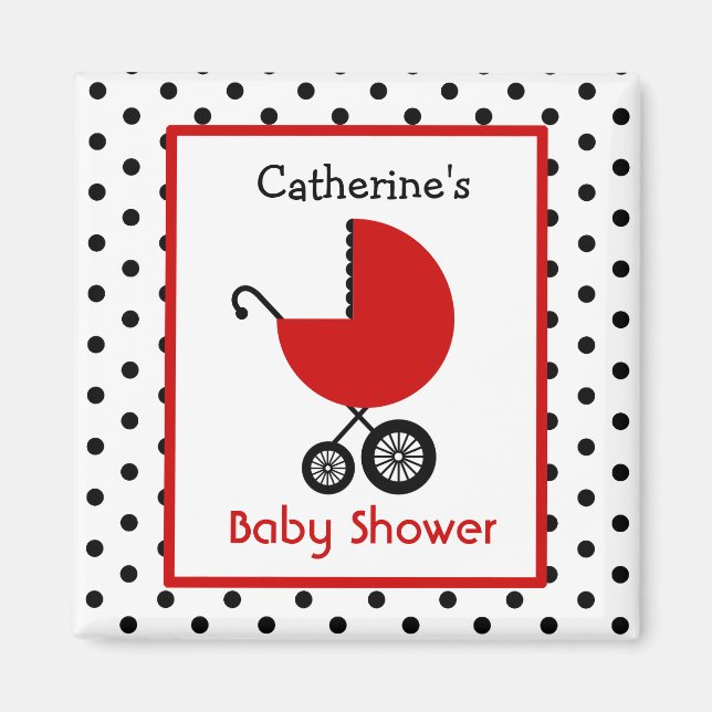 Aimant Baby shower - Transport rouge et Pointe Polka (Devant)