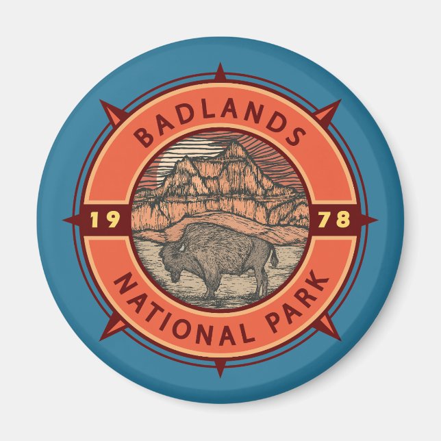 Aimant Badlands National Park Buffalo Retro Compass (Devant)